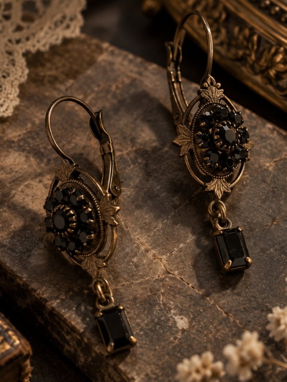 Vintage Black Rhinestone Leverback Drop Earrings